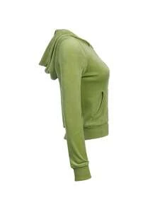 Women Solid Color Hooded Jacket, Match With Elastic Waist Flared Pants, Green/ Rosy - 綠色 - 查看 3