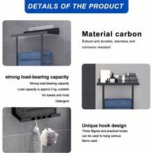 Towel Holder Rack Bathroom Storage Rack Wall Mounted Black Finish W/Stickers Wall Mounted Towel Rack Bathroom Towel Storage Organizer Metal Shelf Holder - Black - View 6