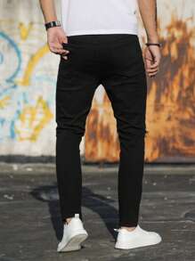 Jeans casuales para hombre, jeans de pierna recta ajustados y rotos para hombre con agujeros - Negro - Ver 5