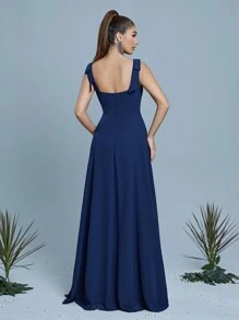 Square Neck Bowknot Strap Chiffon Dress, Wedding Event Dress Bridesmaid Dress - Mint Green - View 2