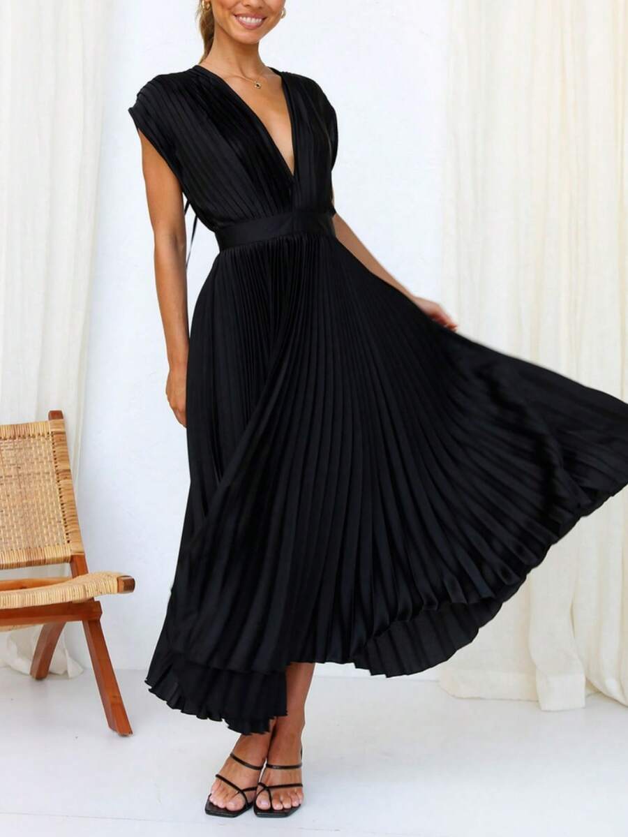 女士纯色性感褶皱连衣裙，休闲宽松拉链无袖连衣裙 - 黑色 - 查看 1