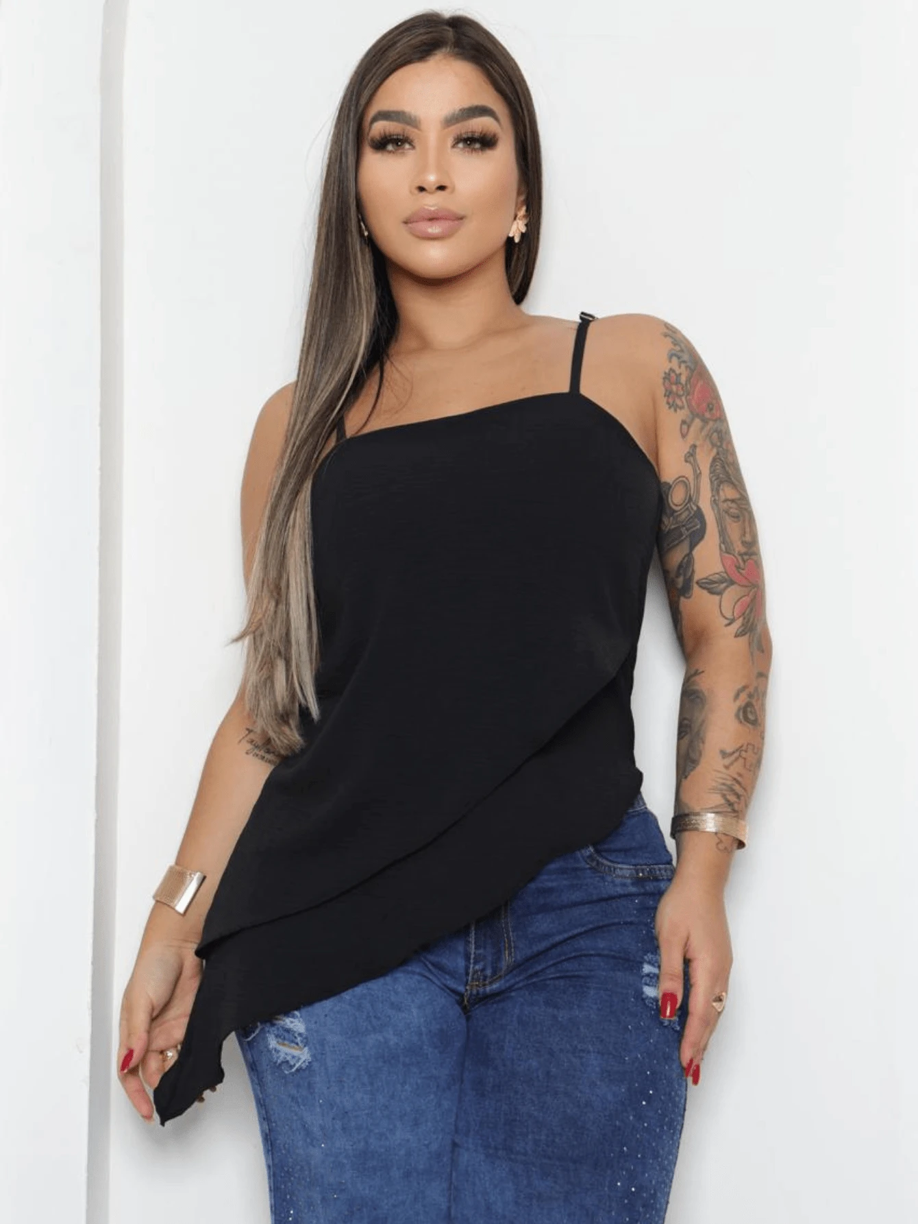 Asymmetrical Layered Strapless Blouse - màu đen - Xem 1