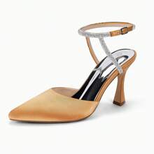 Women Rhinestone Heels Kitten High Satin Pumps Pointed Toe Sparkly Sexy Wedding Dress Shoes Christmas Gift & New Year Gift - Camel - View 2
