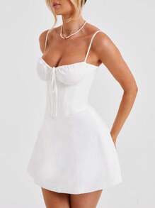 Women Y2k Corset Cami Mini Dress Sleeveless Spaghetti Strap Low Cut Square Neck Backless Tie Up Bustier Flare A-Line Short Dresses - 白色 - 查看 2