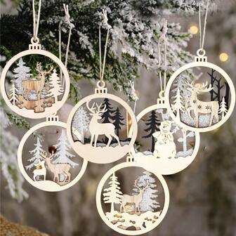 6 件圣诞木制装饰品空心农舍乡村风格悬挂装饰品适合圣诞节冬季节日圣诞树装饰礼品标签，圣诞节