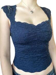 Women's Summer Mini Tank Tops Black Sleeveless Low Cut Lace Floral Skinny Crop Tops - Màu xanh hải quân - Xem 3