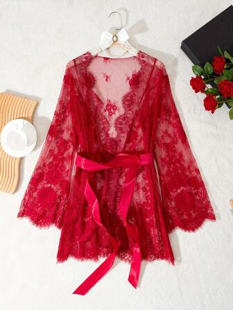 Sexy Red Valentine's Day Lace Lingerie Women's Nightgown, Semi-Transparent Lace-Up Elegant Long Sleeve Nightgown, Rave