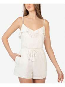 B DARLIN Womens Eyelet Spaghetti Strap V Neck Wear To Work Straight Leg Romper - White - View 3