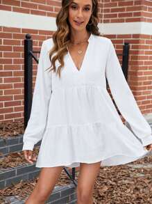 Deep V-Neck White Ruffle Hem Casual Dress, Simple & Stylish For Everyday Wear - White - View 1