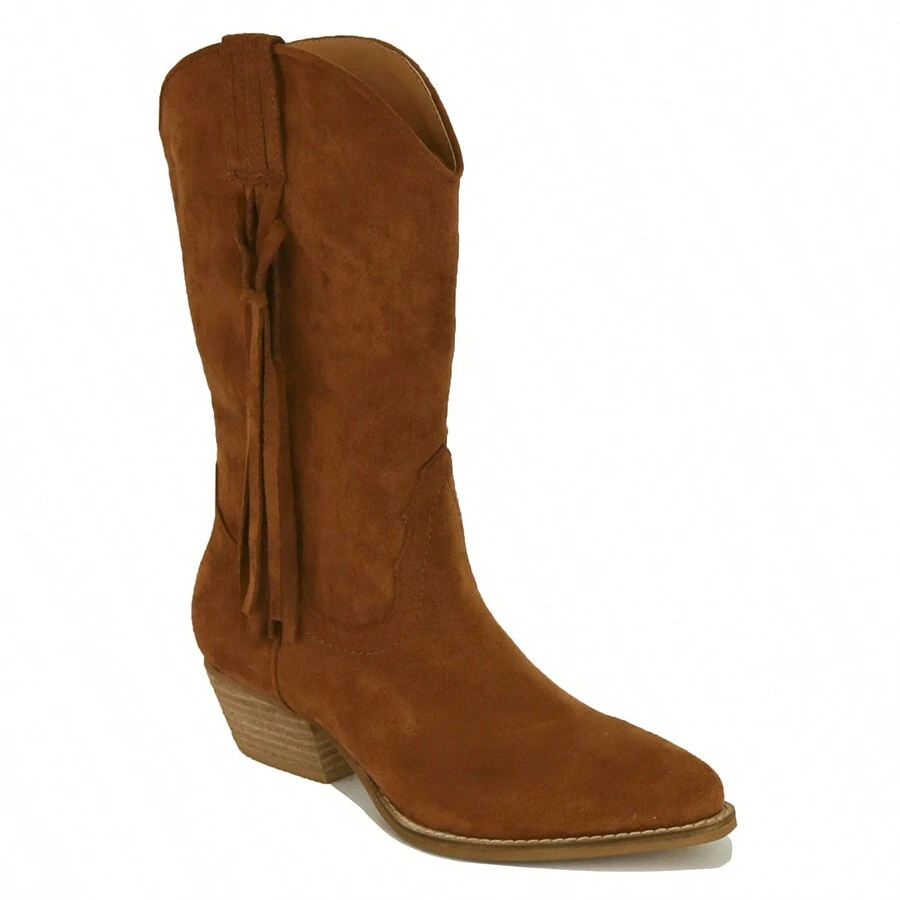 Mid-Calf Western Cowgirl Boot Featuring Tassel Detail And Point Toe Silhouette Layered Leather Chunky Heel Ankle Boots Boots For Women Brown Boots  Cowgirl Boots Women - màu nâu - Xem 1