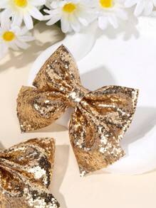 2 件金色蝴蝶结，适合幼儿女孩，闪亮金色闪光蝴蝶结发夹，纯色蝴蝶结发夹，带尾巴，闪亮时尚发夹，女孩节日派对头饰，儿童婴儿发饰，爱情人节 - 彩色 - 查看 4