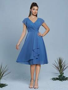 Mgiacy 新品 V 领雾蓝色伴娘礼服蝴蝶袖褶皱雪纺迷你连衣裙 - 霧霾藍 - 查看 3