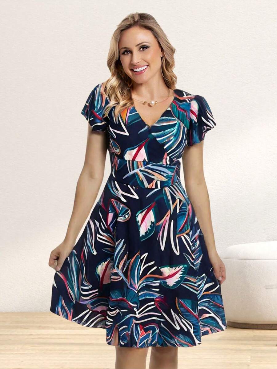 Printed Dress With Wrap Neckline - Blue - View 1