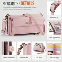 兼容 Iphone 16/15/14/13/12/11 Pro Max X/XS/XR/XS Max/6/7/8 Plus/SE 2020/SE 2022 钱包式保护壳，RFID 屏蔽 PU 皮革手机壳男女款支架翻盖保护套腕带拉链信用卡夹插槽 - 粉紅色 - 查看 9