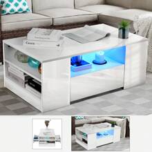 OYAJIA Couchtisch mit Stauraum, Weiß Couchtisch mit LED Lichtern, Couchtisch für Wohnzimmer Rechteckiger Mitteltisch mit 2 Schubladen und 6 offenen Regalen, Home Office Möbel