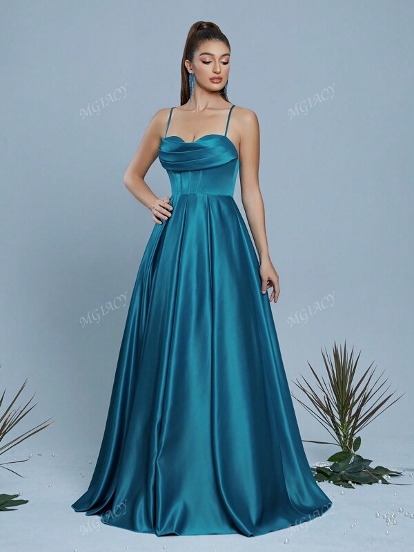 Mgiacy Spaghetti Strap Draped Neck Backless Tie Brocade Dress, Bridesmaid Dress