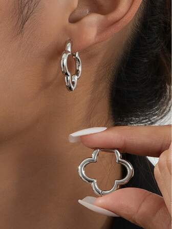 1 Pair Fashionable Cute Geometric Clover & Flower Hollow Out Earrings, Suitable For Daily Wear And Jewelry Gift Valentines,Mom,Mother,Mother's Day,Gift