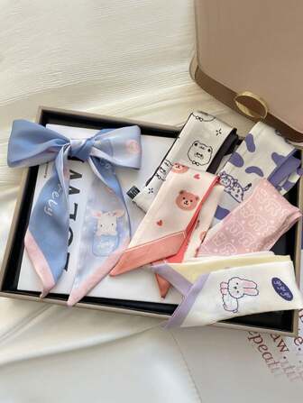 6件/2件套花卉图案围巾韩版时尚百搭小丝巾发带丝带包包装饰脖巾夏季发饰蝴蝶结伴娘礼物