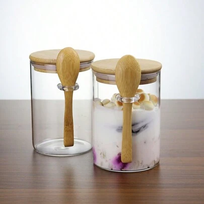 2/3/4pcs Borosilicate Glass Jars With Bamboo Lids And Spoons, 15oz Glass Food Storage Containers, Kitchen Canister Set, Overnight Oats Containers, Suitable For Cookies, Candy, Coffee, Sugar, Matcha, Flour, Yogurt
