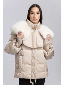 女士休闲保暖毛领棉服外套，冬季 - 杏色 - 查看 1