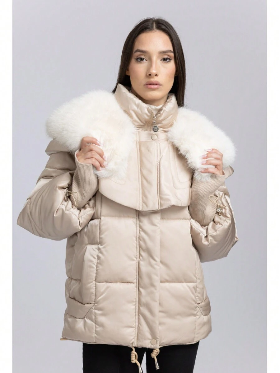 女士休闲保暖毛领棉服外套，冬季 - 杏色 - 查看 1