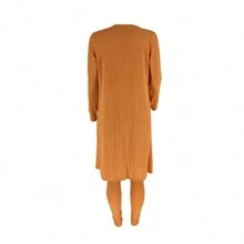 Casual Ribbed 3-Piece Set, Crop Top+High Waisted Drawstring Pants+Long Cardigan, Women's Clothing - 橘色 - 查看 4