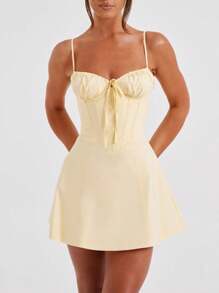 Women Plus Size Summer Mini Cami Dress Solid Color Sleeveless Tie Up Above Knee Party Dress - Màu vàng - Xem 10