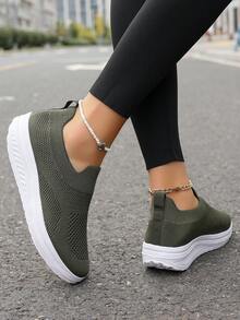 2025 新款纯色透气轻便高底女鞋，针织面料，可手洗/机洗，适合舞蹈、跑步、休闲穿着 - 軍綠色 - 查看 5