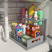 AXOSY-Under Sink Organizer And Storage, 2 Tier Pull Out Under Sink Storage For Bathroom Kitchen Sturdy Metal Bathroom Storage - 灰色 - 查看 1