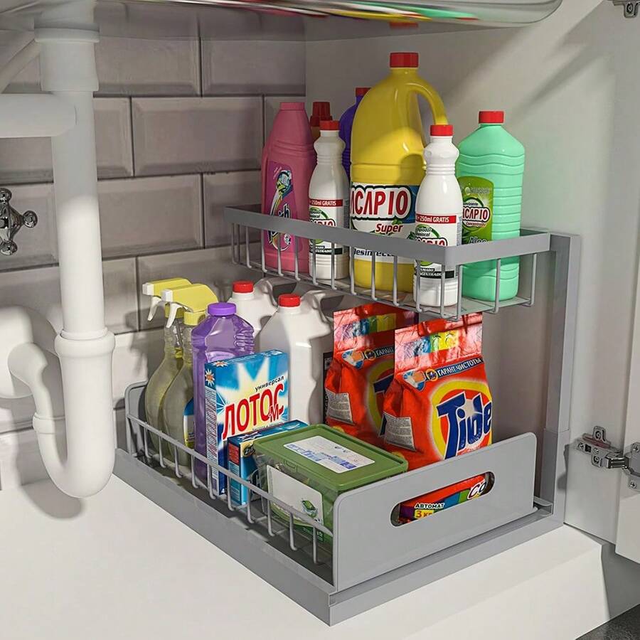 AXOSY-Under Sink Organizer And Storage, 2 Tier Pull Out Under Sink Storage For Bathroom Kitchen Sturdy Metal Bathroom Storage - 灰色 - 查看 1
