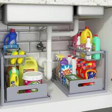AXOSY-Under Sink Organizer And Storage, 2 Tier Pull Out Under Sink Storage For Bathroom Kitchen Sturdy Metal Bathroom Storage - 灰色 - 查看 2