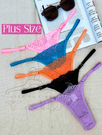 Kit 5 Calcinhas Plus Size Fio Duplo com Renda Alças Reguláveis String Lingerie Feminina Moda