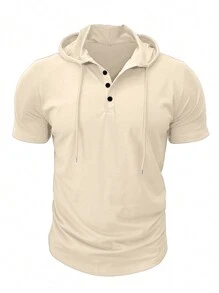 FEIAO Men's Retro Vintage Coin Style Hoodie Short Sleeve Solid Color T-Shirt, Men's Sports Fitness Streetwear Outdoor Versatile All Season - Beige - View 3