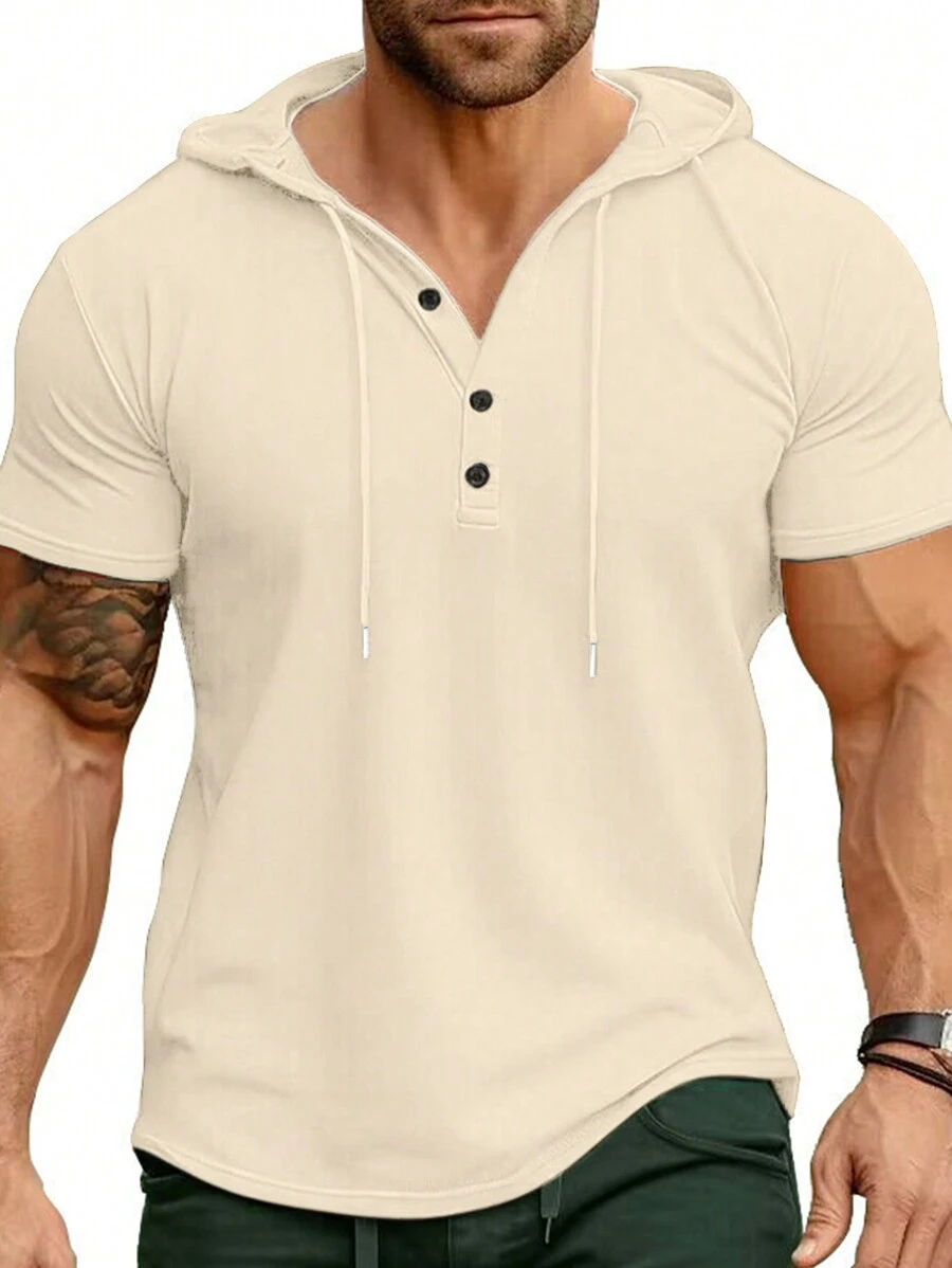 FEIAO Men's Retro Vintage Coin Style Hoodie Short Sleeve Solid Color T-Shirt, Men's Sports Fitness Streetwear Outdoor Versatile All Season - Beige - View 1
