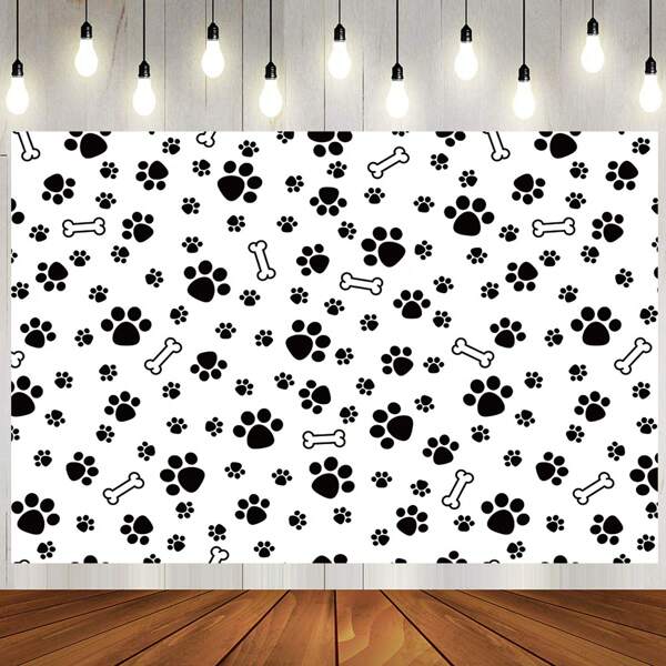 1pc Black White Bone Dog Cat Paws Photography Backdrops 59.1*39.4/82.7*59.1/106.3*70.9 Inches Party Banner Wedding Birthday Photo Background Indoor Outdoor Newborn Shower Decoration Supplies