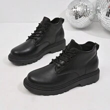 Black Short Ankle Boots, Lace-Up Front, Comfortable And Versatile For Students, Hiking, Daily Wear