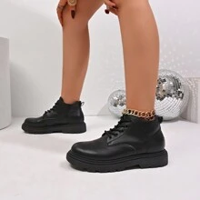 Black Short Ankle Boots, Lace-Up Front, Comfortable And Versatile For Students, Hiking, Daily Wear