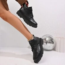 Black Short Ankle Boots, Lace-Up Front, Comfortable And Versatile For Students, Hiking, Daily Wear