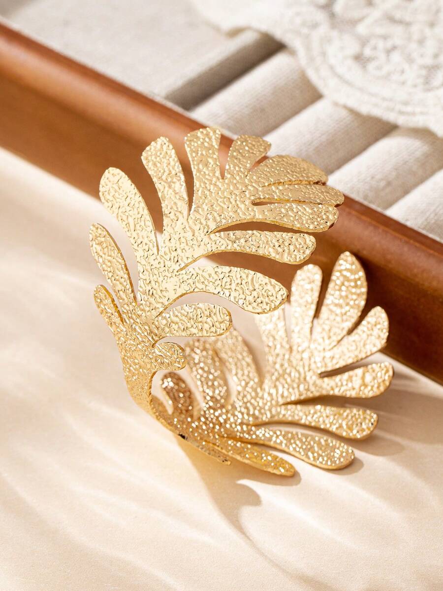 1 pieza Brazalete de Garra Abierta con Hoja Grande Enchapado en Oro de Moda, Apto para Uso Diario de Mujeres - tipo abierto - Ver 1