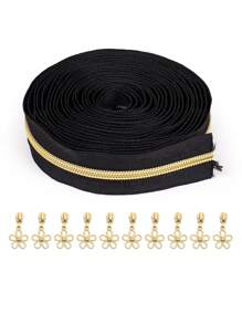 Zíperes sortidos de 450 cm/5 jardas com 10 puxadores dourados rasos (decoração de borboleta ou flor), zíperes de nylon nº 5, dentes dourados rasos, fita preta e branca, adequados para roupas, bolsas, artesanato DIY, etc.