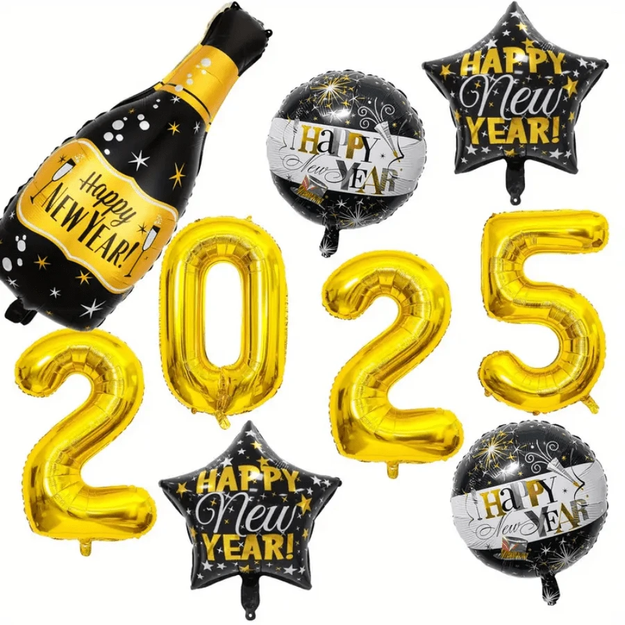 9 件套 2025 年新年前夜派对气球套装 - 金色和黑色，包括香槟瓶设计，自密封铝箔易于安装，适合庆祝活动 - 混色 - 查看 1