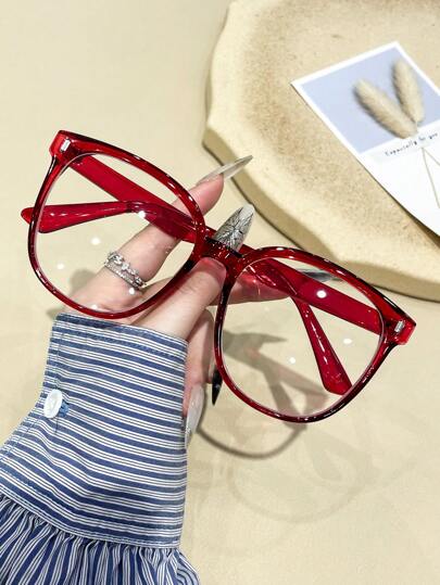 1pc Women's Red Round Frame Big Square Glasses, Fashionable Versatile Decorative Non-Prescription Glasses Daily Accessory