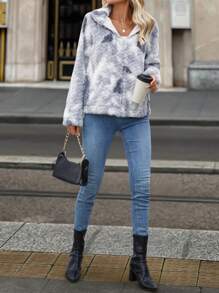 女士冬季羊羔绒仿兔绒加厚立领拉链夹克扎染棉服外套 - 彩色 - 查看 4