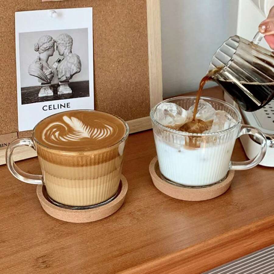 1pc High-Quality Vertical Stripe Handle Glass Cup, Transparent Drinking Glass For Water, Milk, Coffee, Home & Office Use - Multicolor - View 1