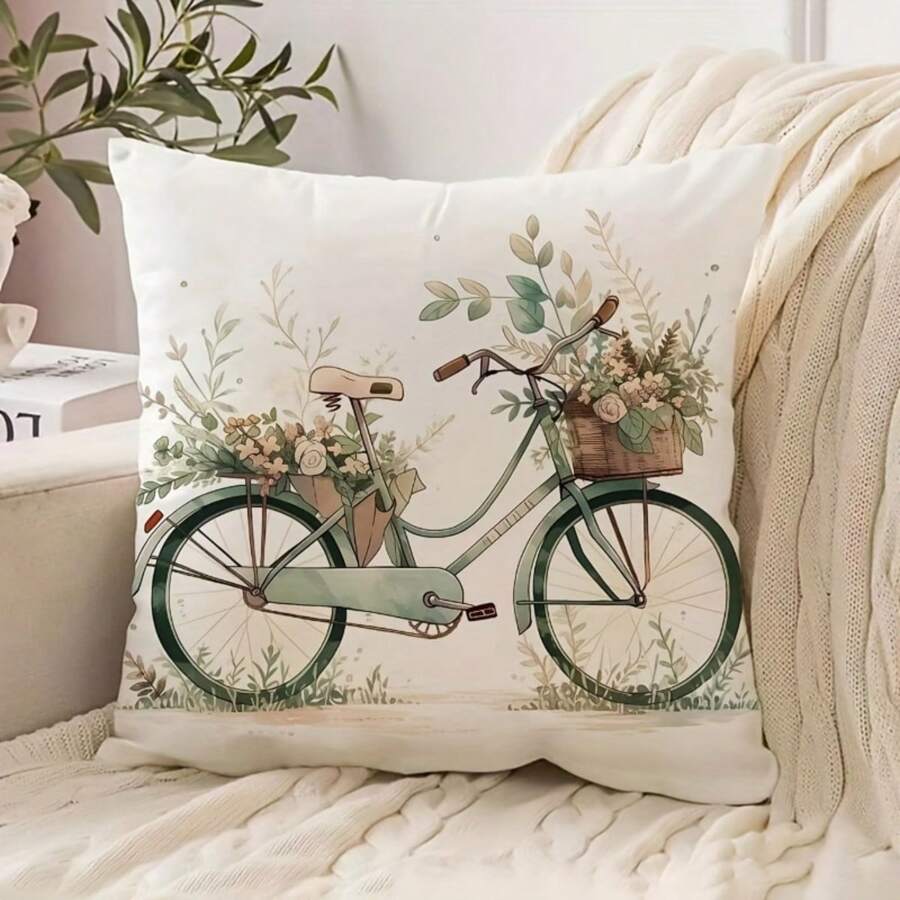 1pc Bicycle Pattern Sofa Cushion Cover, Cute Pillow Case, Decorative Pillowcase (Pillow Insert Not Included), 18x18 Inch Gifts Birthday Graduation - Multicolor - View 1