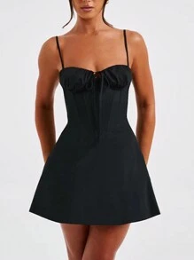 Women Plus Size Summer Mini Cami Dress Solid Color Sleeveless Tie Up Above Knee Party Dress - màu đen - Xem 3