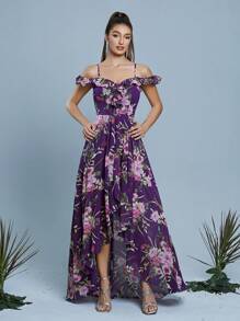 Women's Floral Print Ruffle Ruffle Maxi Elegant Dress - Purple - View 4
