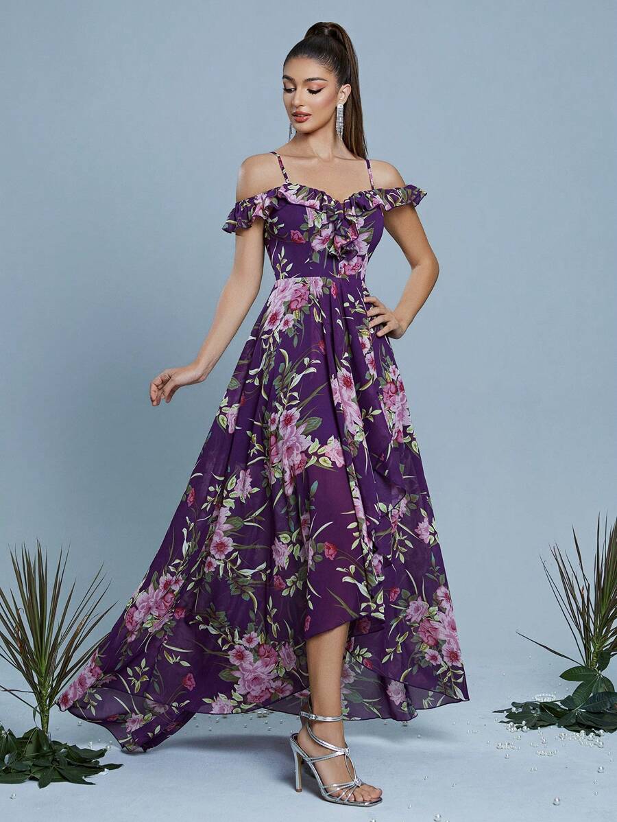 Women's Floral Print Ruffle Ruffle Maxi Elegant Dress - Purple - View 1