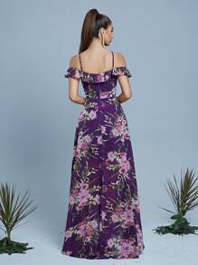 Women's Floral Print Ruffle Ruffle Maxi Elegant Dress - Purple - View 2
