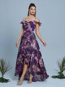 Women's Floral Print Ruffle Ruffle Maxi Elegant Dress - Purple - View 6